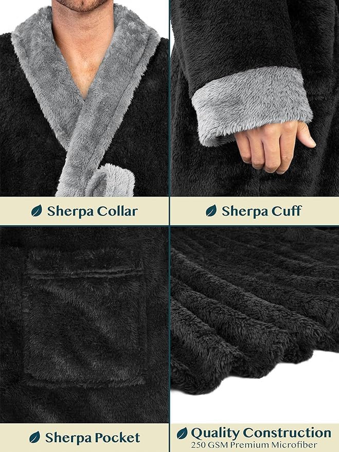 Image of PAVILIA Mens Soft Robe, Plush Fluffy Fleece Bathrobe Men, Long Sherpa Shaggy Spa Robe