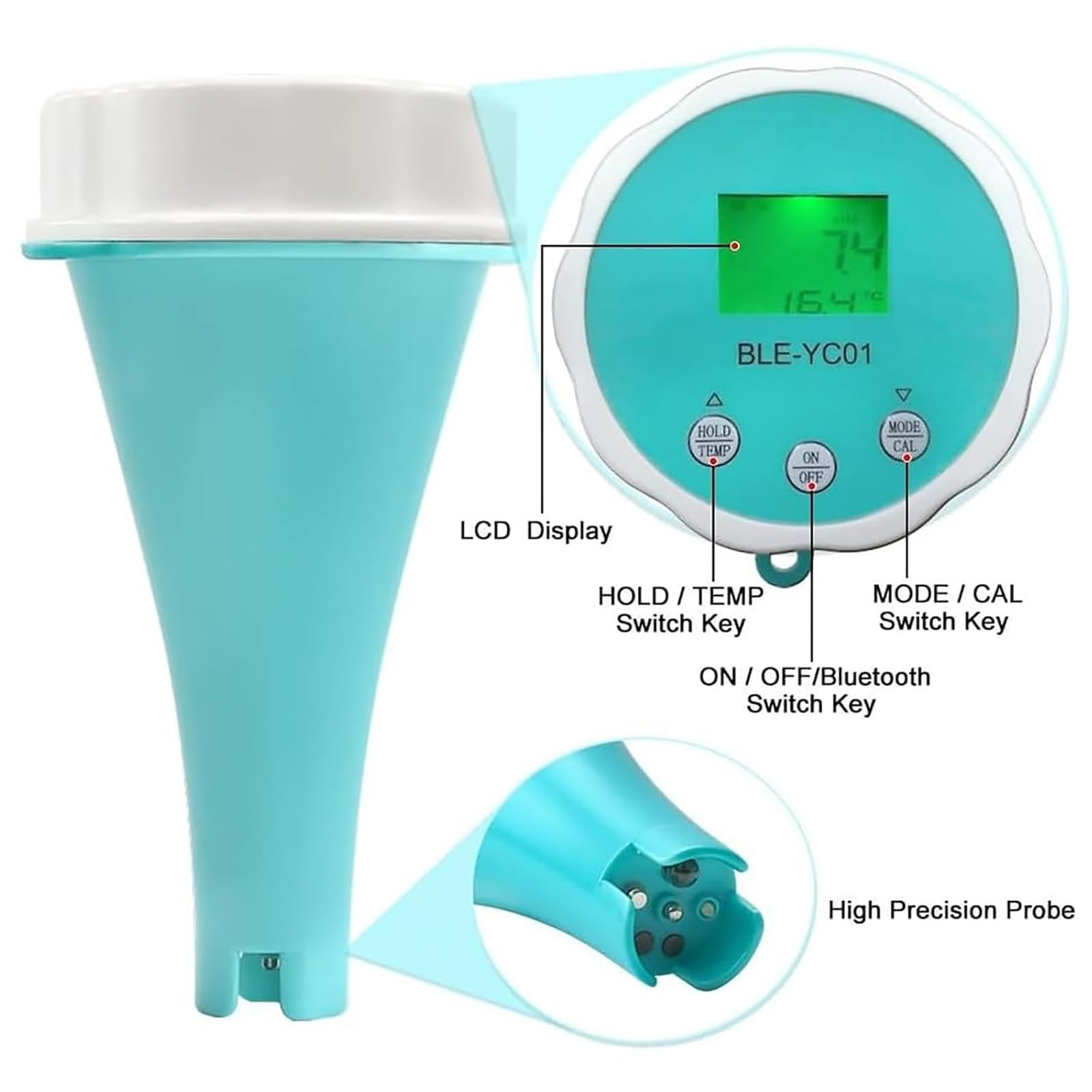 Monitor Intelligente per La qualità dell'Acqua della Piscina, 6 Funzioni in 1, Blue-Tooth, con Controllo Tramite App, Display LCD, PH/ORP/EC/CL/Salto/Temperatura, Design Impermeabile