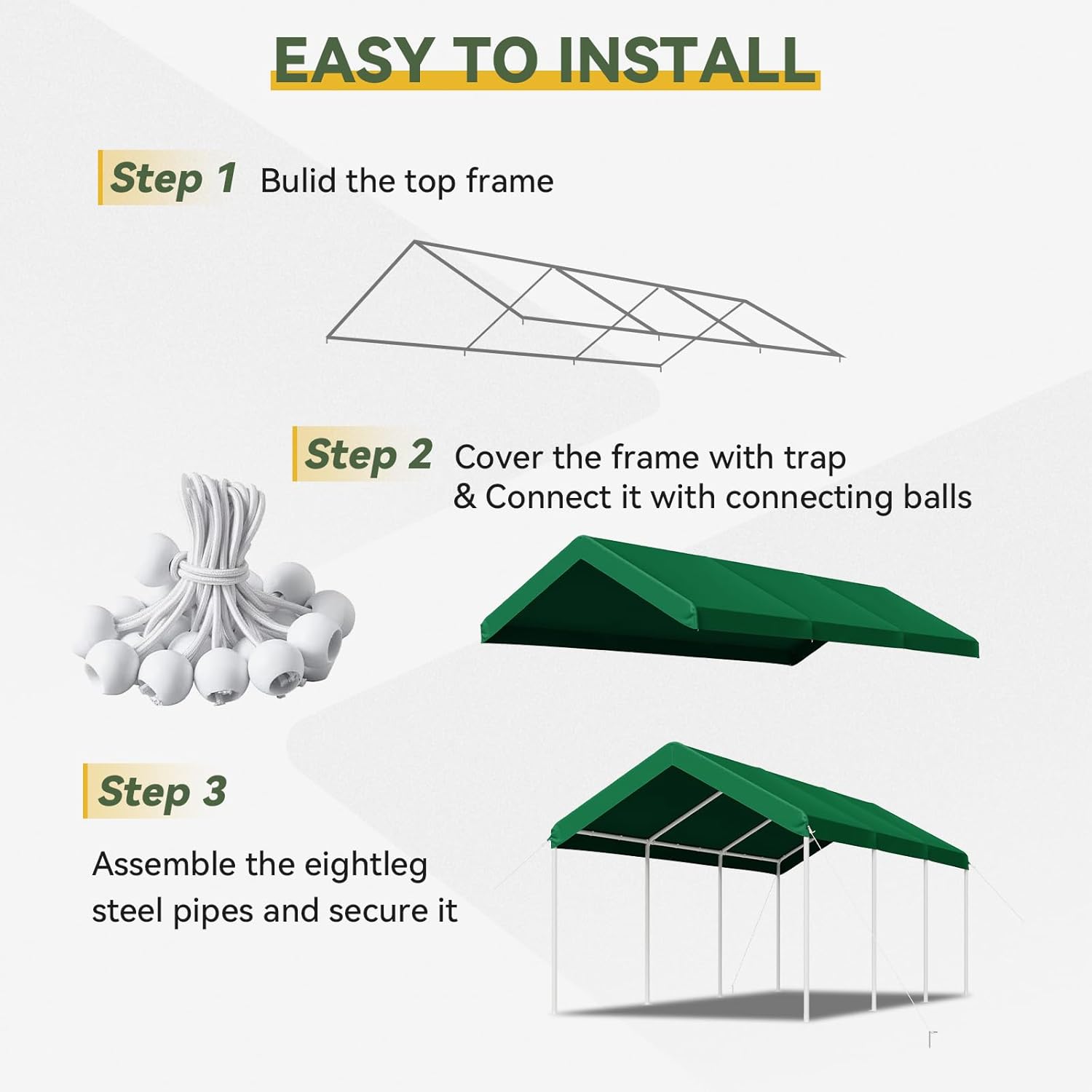 Three-step visual guide for assembling the Aoxun carport: building the top frame, covering with tarp, and assembling legs.
