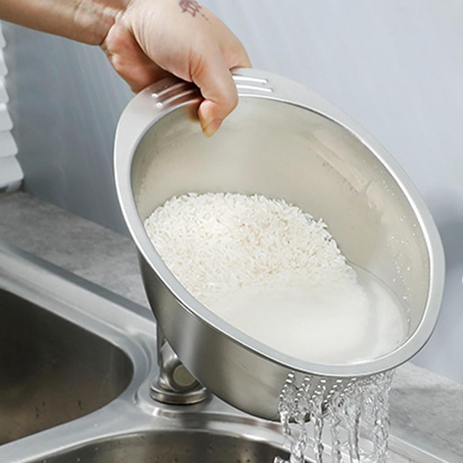 Scolapasta Acciaio Inox Per Riso - Colino Microforato Con Beccuccio Laterale - Foto 4