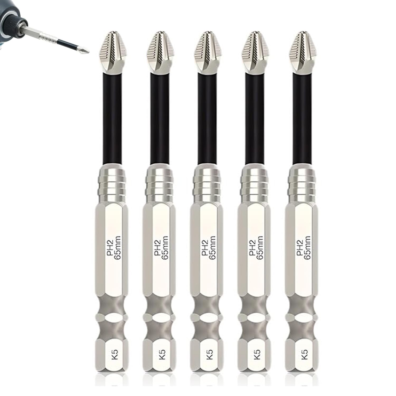 KoKiAxuza Magnetic Non-Slip Drill Bit Kit - High Magnetic S2 Alloy Steel Screwdriver Bits, Anti-Slip Hex Shank Set (25/50/65/70/90/150mm) for Impact