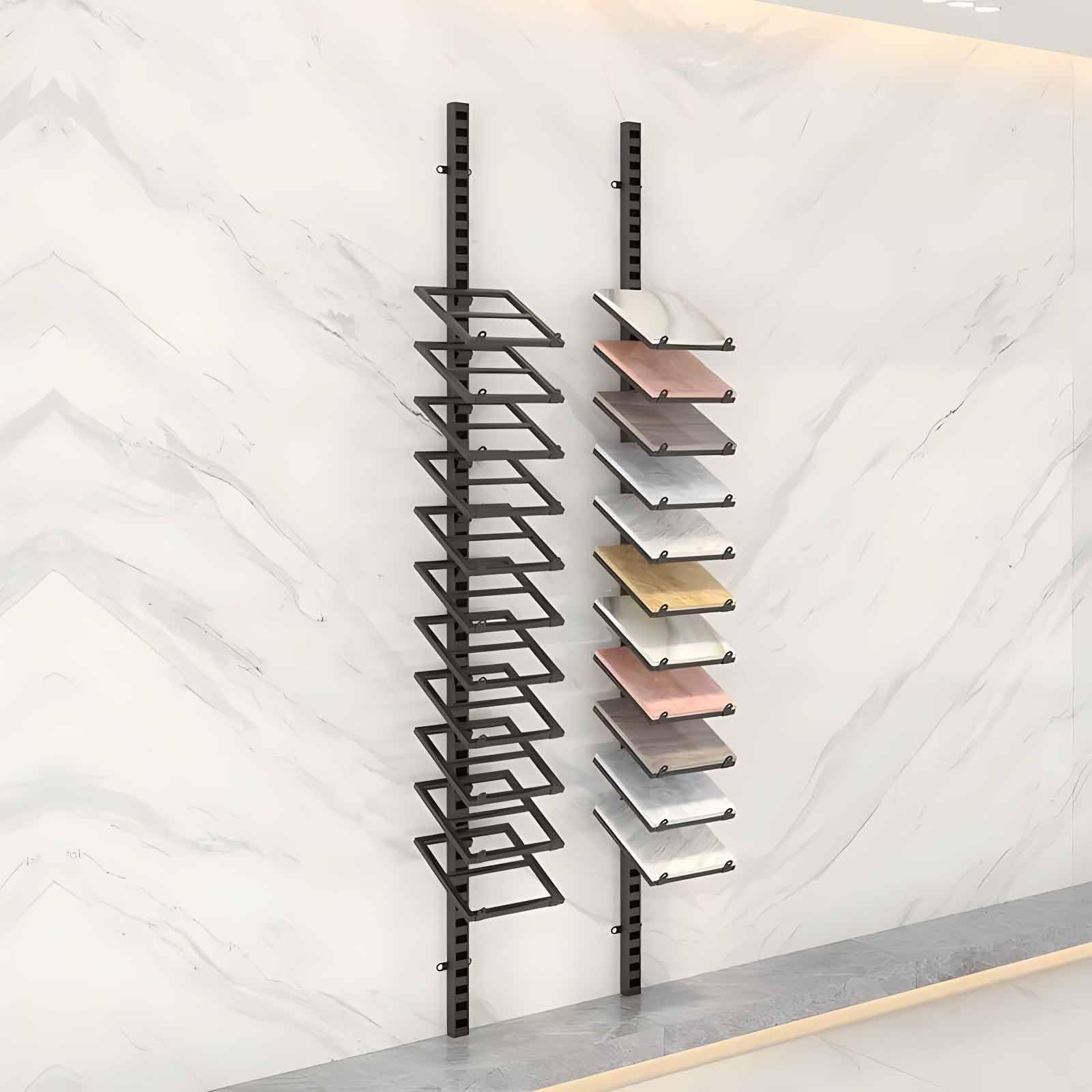 Espositore per Piastrelle in Ceramica, scaffale espositivo Nero per Piastrelle in Ceramica, ripiano Organizer in Legno da 240 cm per Piatti e Campioni, Perfetto per supermercati e fiere dell