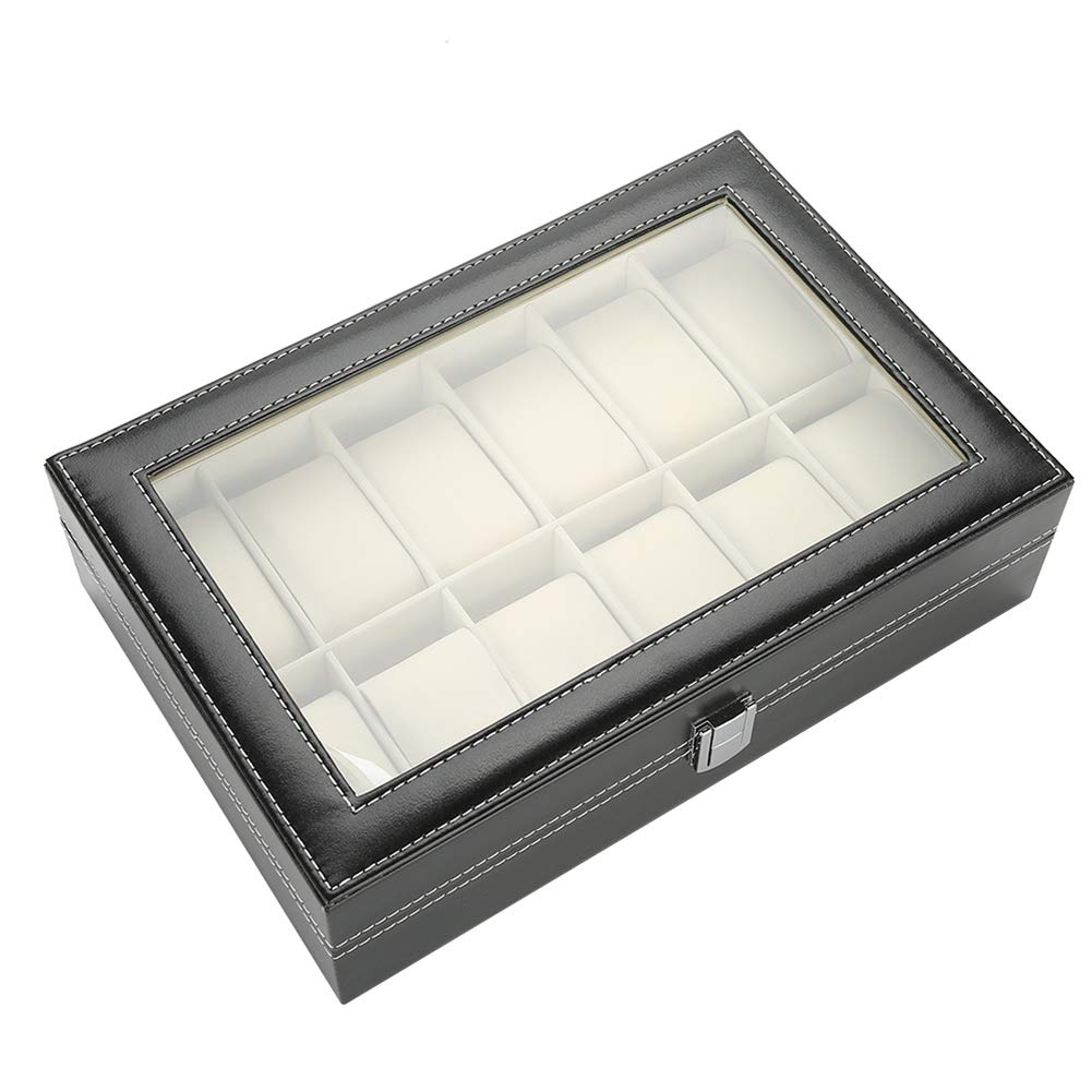 Organizzatore di scatole di immagazzinaggio per vetrine per orologi in pelle PU con 12 griglie per custodia per orologi con copertura in vetro con chiusura a chiave da viag