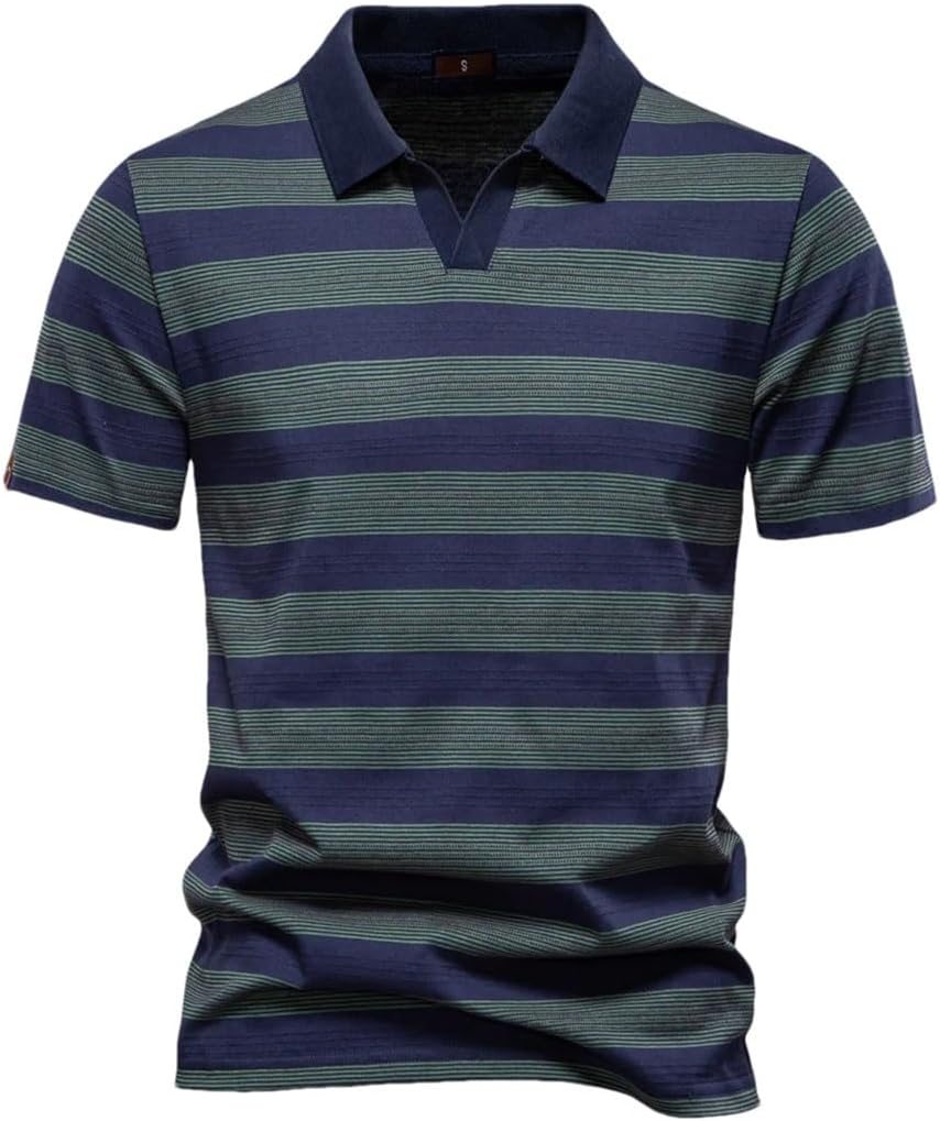 Men Breathable Short Sleeve Casual Knit Shirts Summer Striped V Neck Cotton Polo Shirts