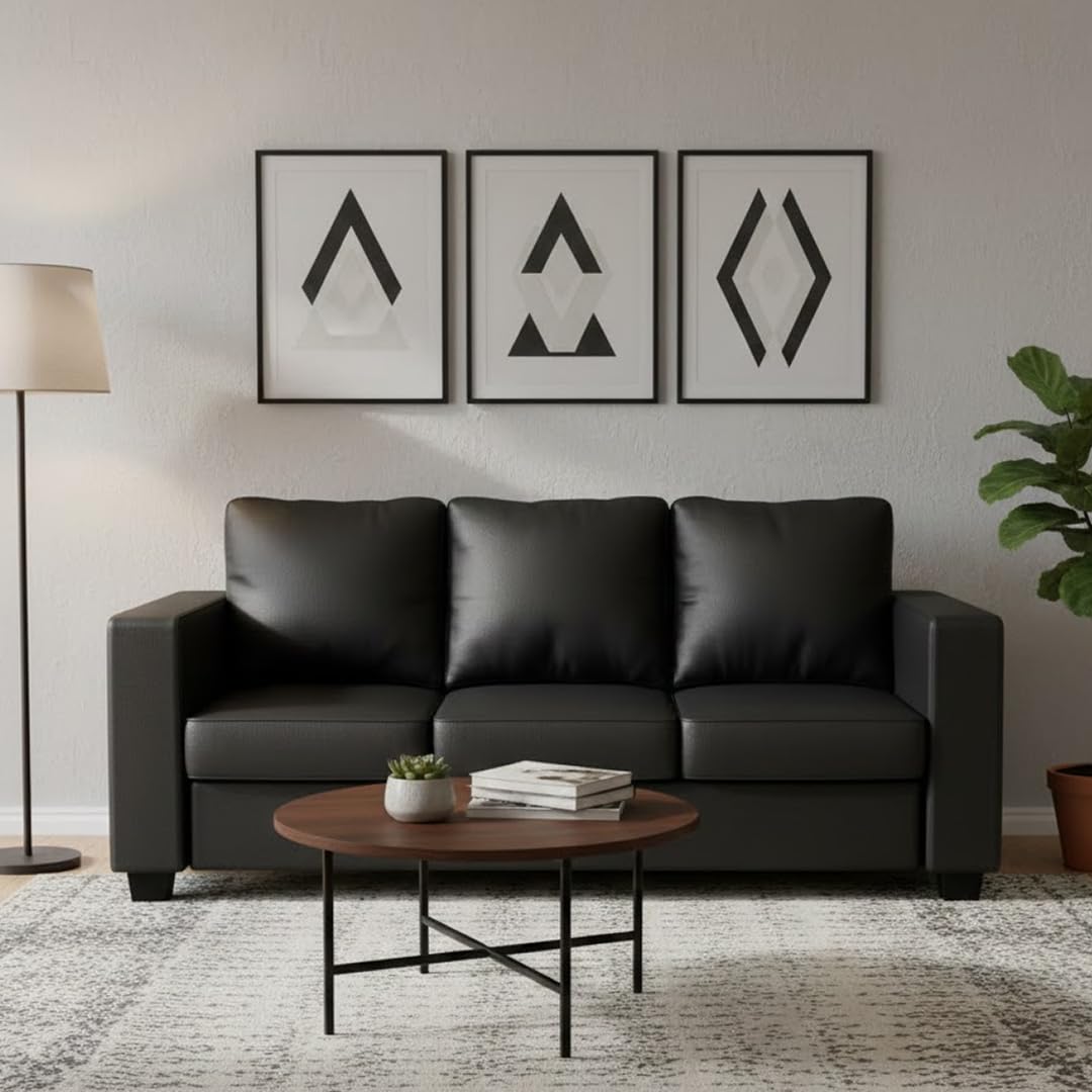FURNY Hirloy 3 Seater Leatherette Sofa Set (Black) in Premium Leatherette | Durable Comfort | Ideal for Living Room-image-11