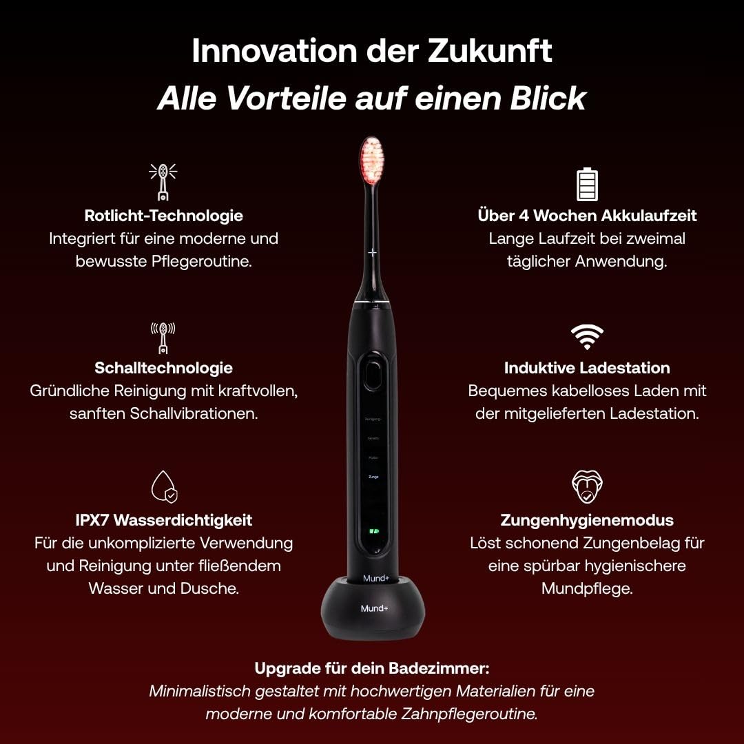 Spazzolino elettrico con tecnologia Redlight, spazzolino sonico (luce rossa) con 2 accessori, Travelbox e stazione di ricarica in nero