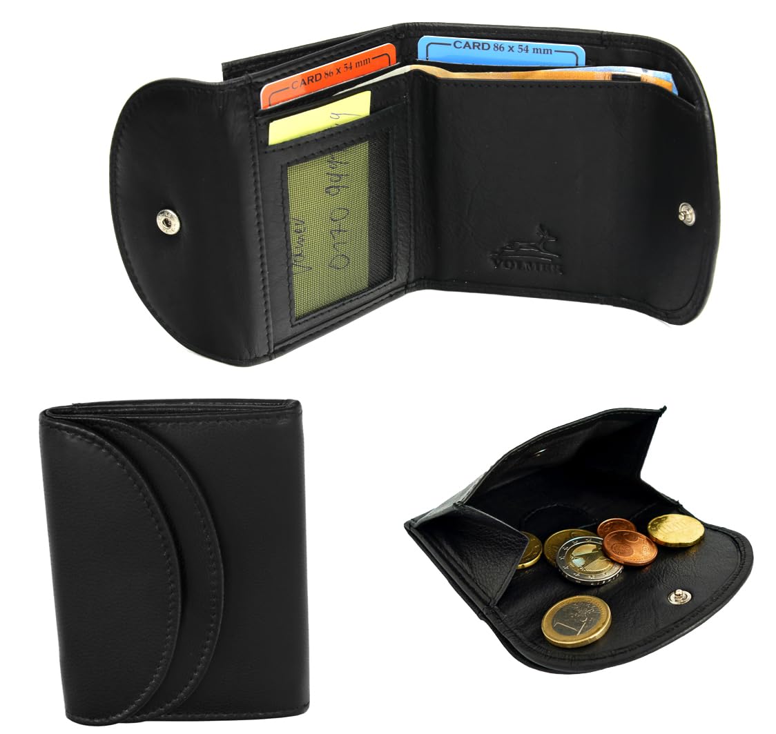 Fa.Volmer ® Mini portfel RFID z prawdziwej skóry - mały portfel w kolorze czarnym ze srebrną tkaniną Hightech #Mini-Comfort, czarny, mini, Nowoczesny