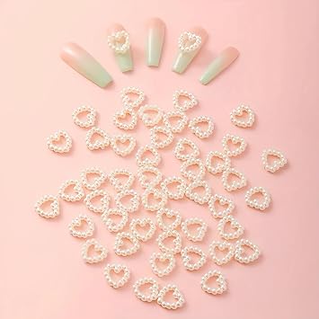 3D Heart Shapes Nail Charms White Heart Pearl Nail Art Charms Valentinese Day Charms Round Pearls Heart Kawaii Nail Decoration Cute Love Nail Pearl Supplies for Manicure DIY Crafts Accessories 100PCS