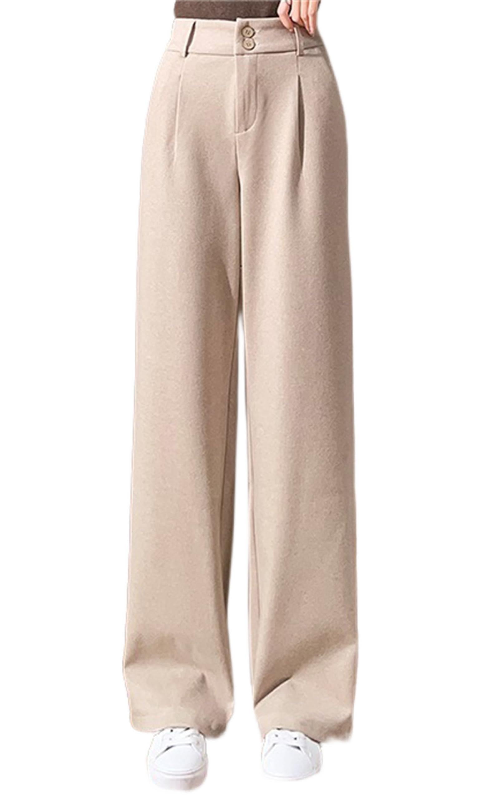 Betusline Womens Woolen Wide Leg Pants Warm High Waist Straight Casual Trousers