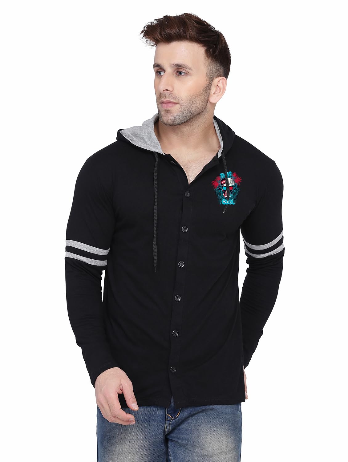blisstone Men's Full Sleeve Hooded T-Shirt with Button Closure & Contrast Striped Sleeves | Stylish Cotton Blend Hoodie for Casual & Sportswear-picture-18