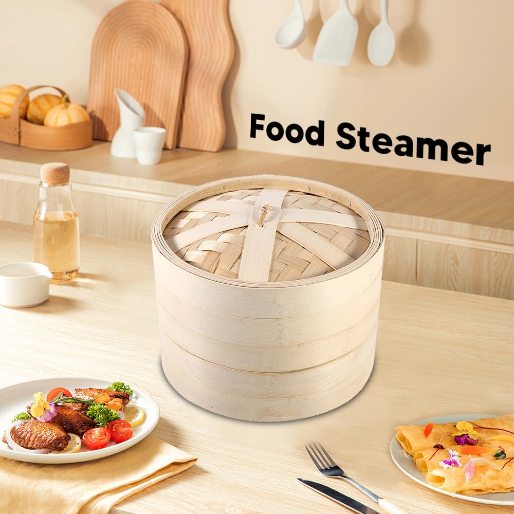 Set di Pentole a Vapore in Bambù 4 Misure 2 Livelli Cestello Per Cottura a Vapore in Bambù Riutilizzabile Cottura del Riso Naturale Cinese Fornello Per Alimenti con Coperchio Nuovo Per Cucina(22cm)