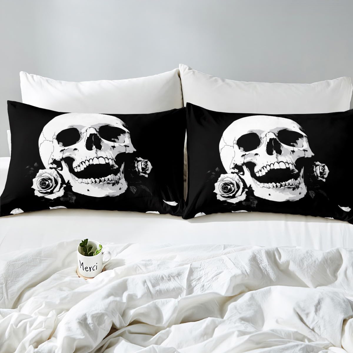 Skull Gothic Duvet Cover Set Toddler Size White Sugar Skeleton Bedding Set for Kids Girls Boys Teens Modern Fashion Simple Comforter Cover Rose Flower Print Quilt Cover,1 Pillowcase(No Comforter)
