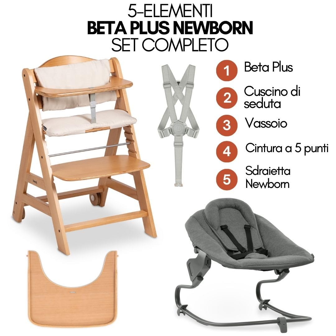 hauck Seggiolone Beta+ Newborn Set Premium da 0 Mesi - Seggiolone In Legno Evolutivo, con Sdraietta Neonati (Dondolo Neonati), Cuscino Seduta, Vassoio - Naturale, Grigio Scuro