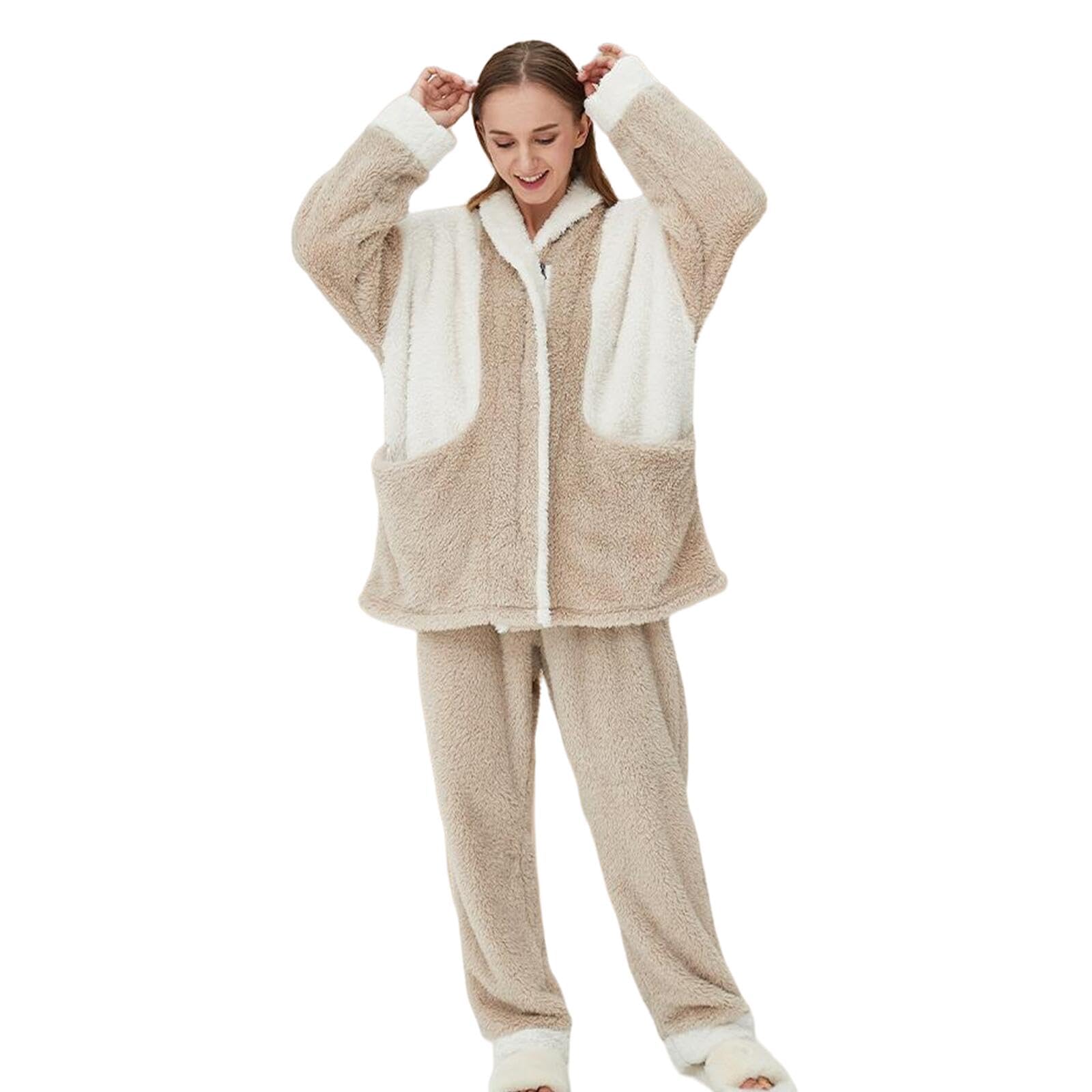 Pigiama Invernale da Donna Pigiama Caldo da Donna in Pile Corallo, Set di Abbigliamento da Casa con Bavero Cardigan-Un-M