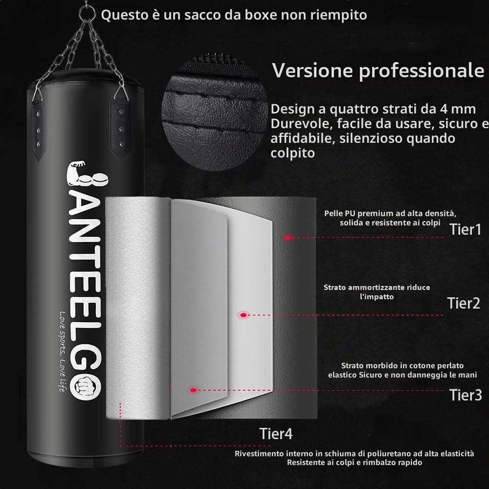 Sacco da boxe sospeso e sacco boxe Non Riempito JanTeelGO 100 cm materiale PU con catena di montaggio e gancio a soffitto per uomo donna adolescente adulti bambino MMA Kickboxing Muay Thai Karate