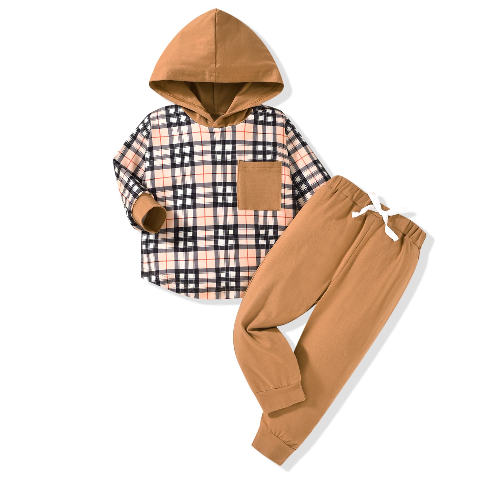 HINTINA Toddler Little Boy Plaid Sweatsuit Outfits Long Sleeve Hooded Sweatshirt Hoodie Fall Winter Clothes Clothing Set