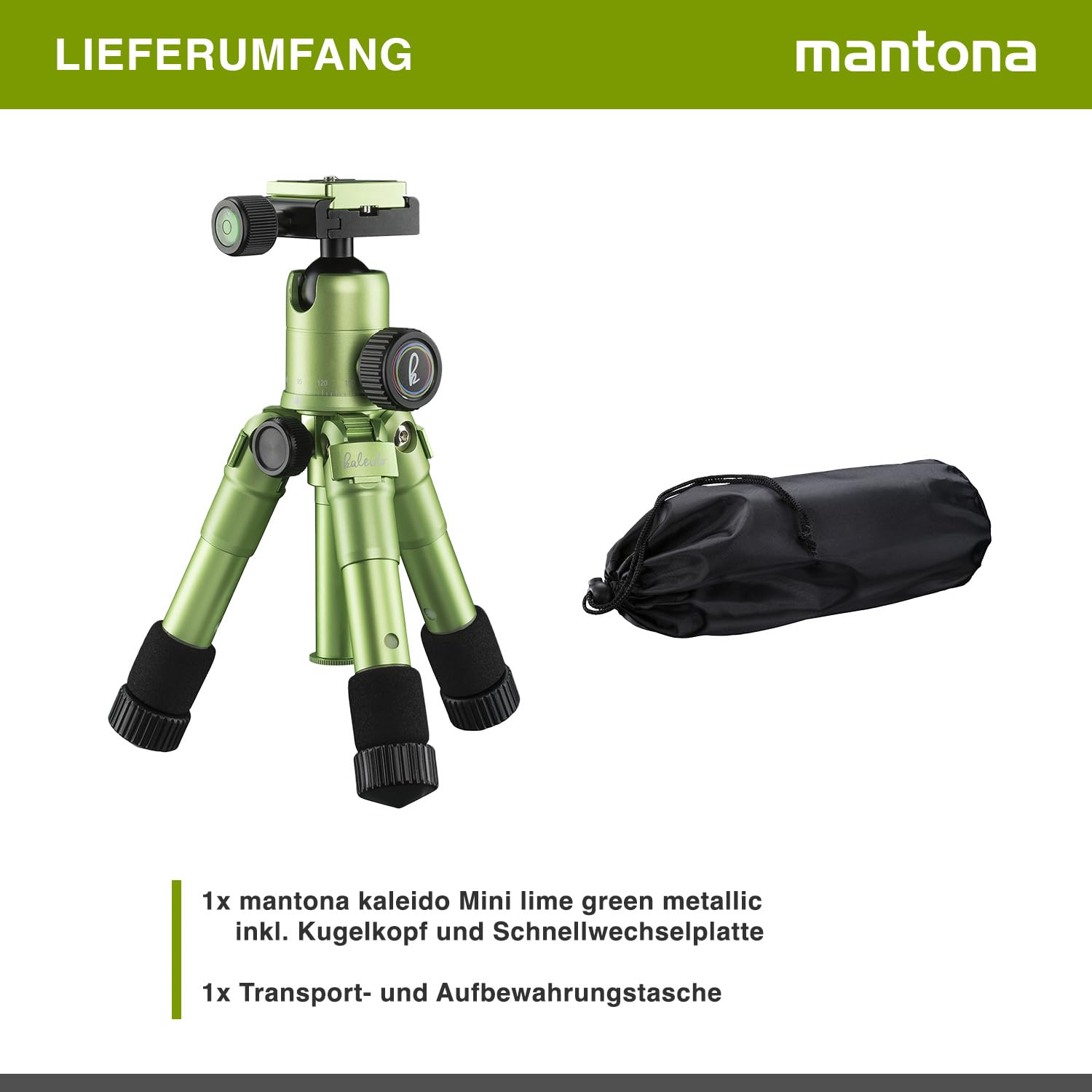 Mantona 21186 kaleido mini Foto-/Tisch- und Travelstativ inkl. Kugelkopf mit Schnellwechselplatte und Transporttasche lindgrün/metallic