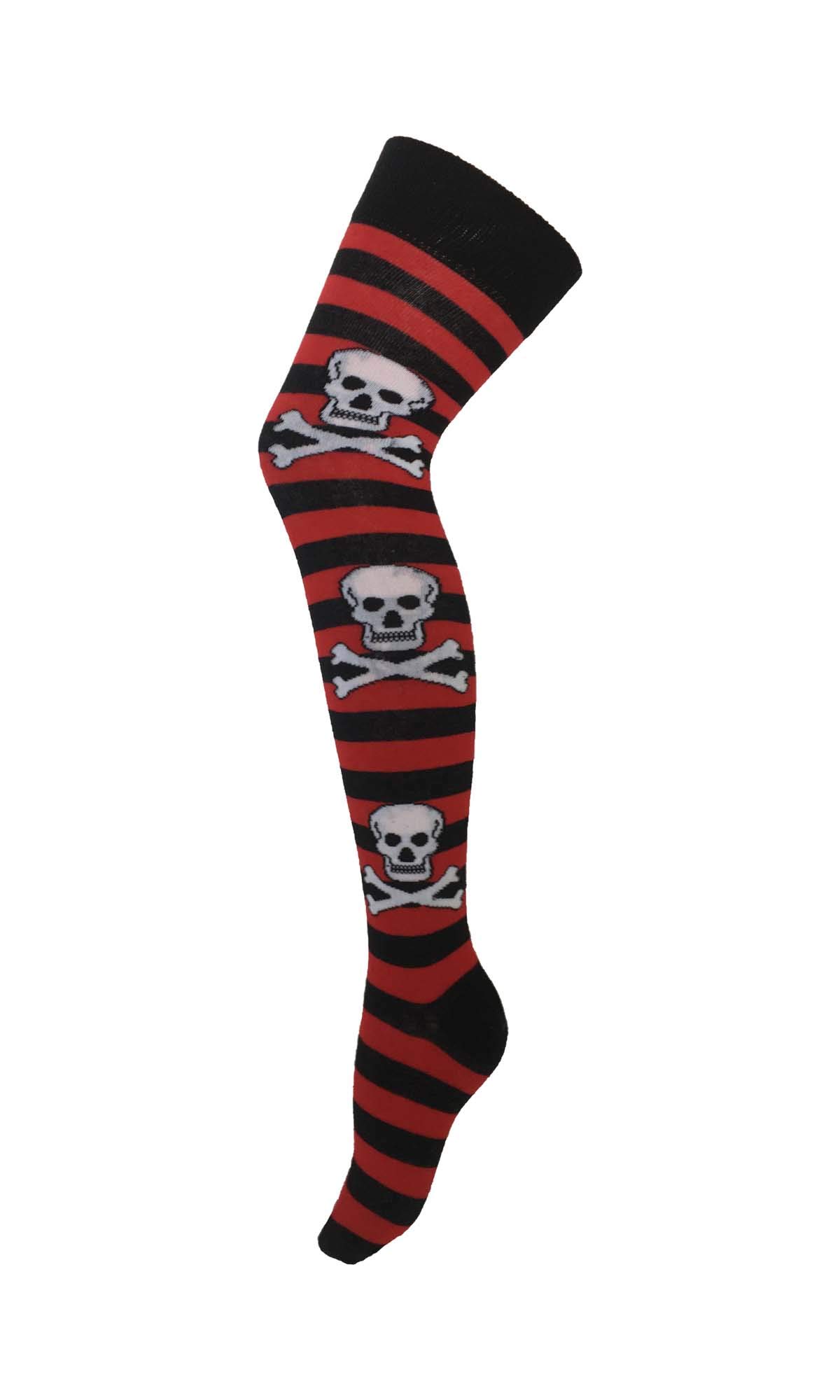 M Macahel Women's Red Girls Striped Stripy Comfy Knitted Over The Knee Crossbone Skull Cotton Rich Socks Spooky Pattern Hallowen Gothic Design For Costume Party (Red)