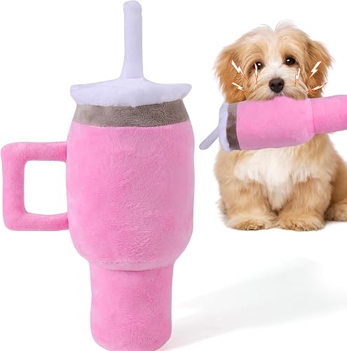 Mity rain Funny Tumbler with Handle Cup Dog Toy | Cute Squeaky Interactive Fluff and Tuff for Small/Large/Medium Dogs (1 Pink)