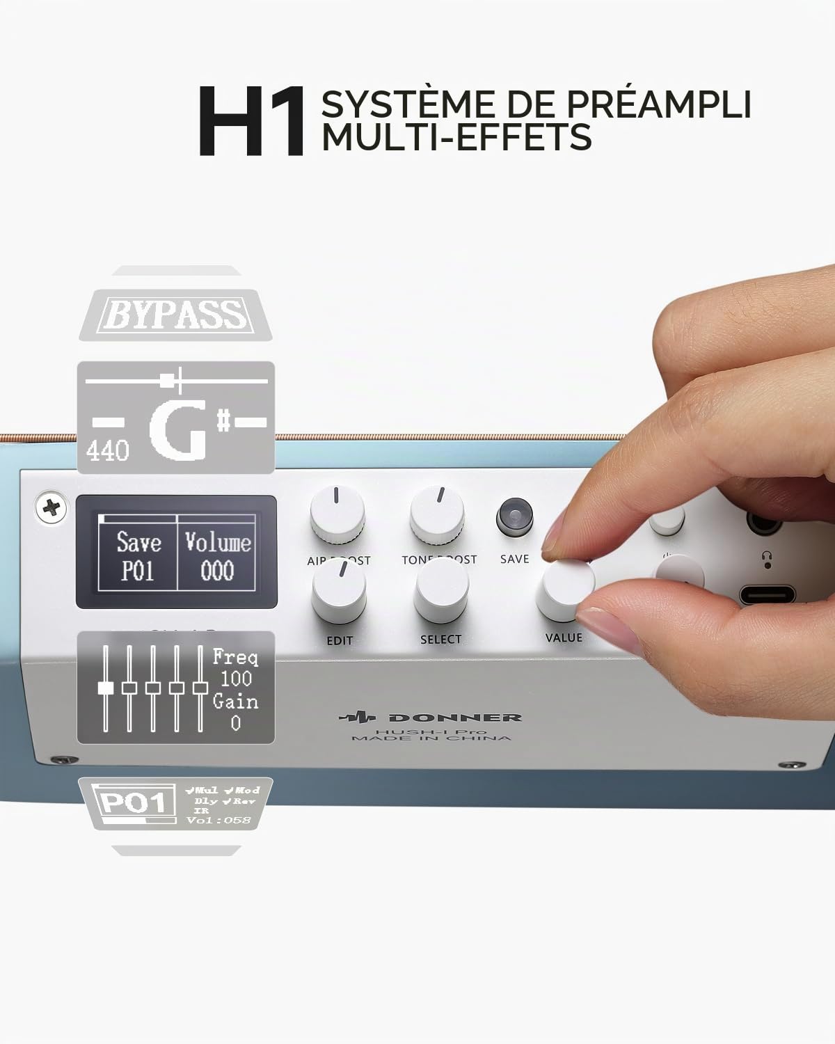 Donner Guitare électro-acoustique HUSH I PRO Travel avec modes d’effets multiples, kit intelligent comprenant des écouteurs, une housse de transport, une sangle, un câble de chargement, Hawaiian Blue