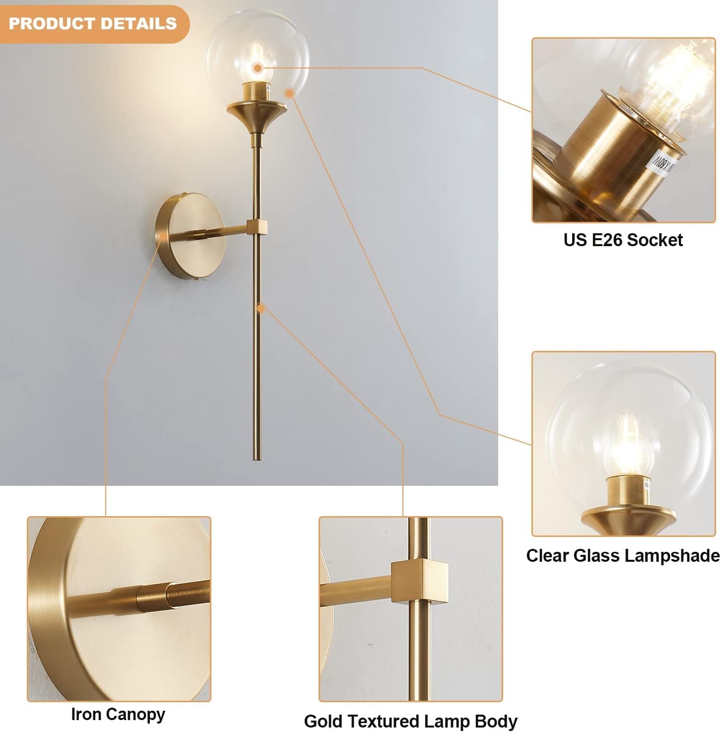 Generico Lampada da Parete Moderna in Stile Medievale, Paralume in Vetro Ambrato, Braccio Snodato Regolabile, Illuminazione Morbida E Delicata per Gli Occhi, Adatta A Soggiorno (Clear Gold)