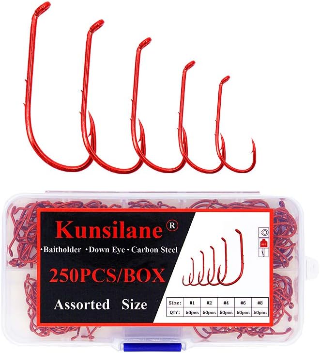 Baitholder Fishing Hooks 50/250/300Pcs Bait Holder for Soft Live Bait Bass Trout Crappie, Long Shank Round Bend Down Eye Fly Worm Hooks Red Assortment 12 10 8 6 4 2 1 1/0 2/0 3/0