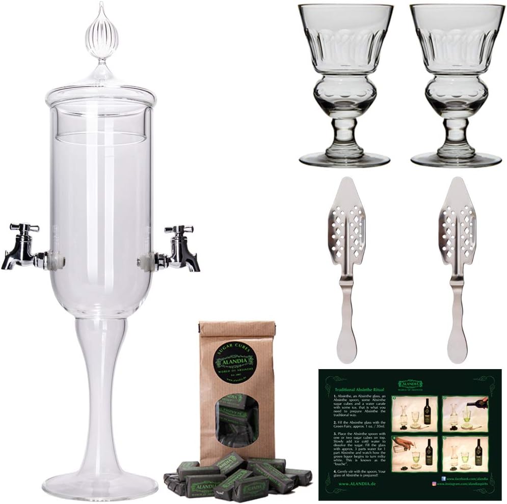 Absinthe Fountain Set Petite by ALANDIA | 1x Fountain | 2X Reservoir Glasses | 2X Spoons | 1x Sugar Cubes | Drink Absinthe The Traditional Way