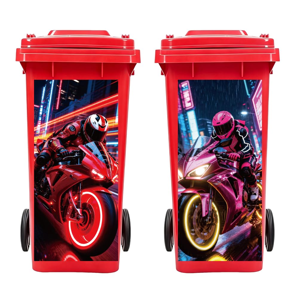 Peacoblue Wheelie Bin Stickers 2 Sheets Cool Motorcycle Rider Sticky Dustbin Stickers Decals, 15" x 32" Waterproof Large Wraps for Trash Cans Bins Fridges Door Wall Garden Outdoor Indoor Patio Decor