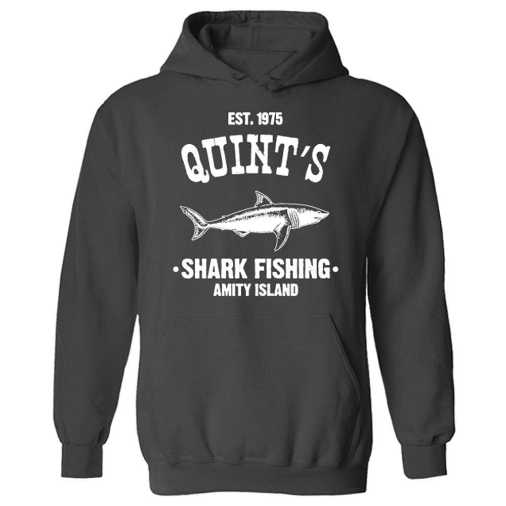 Quints Fishing Shark Jaws Inspired Amity Cult Movie Pullover Hoodie Charcoal Grey (XXL)