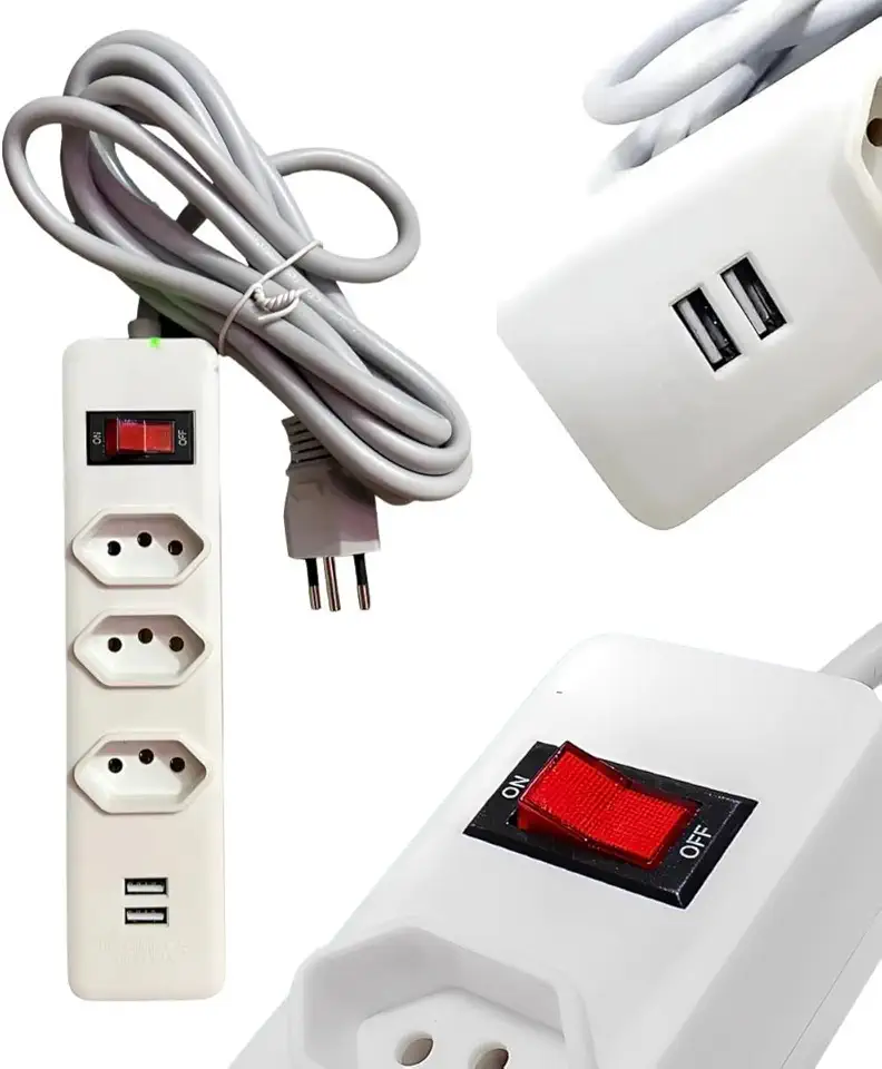 Extensão Tomada Régua Elétrica 3 Tomadas, 2 entradas USB, Cabo de Alimentação de 3 metros, Suporte a Tensão de 110-220V Filtro de Linha Bivolt (Branco)