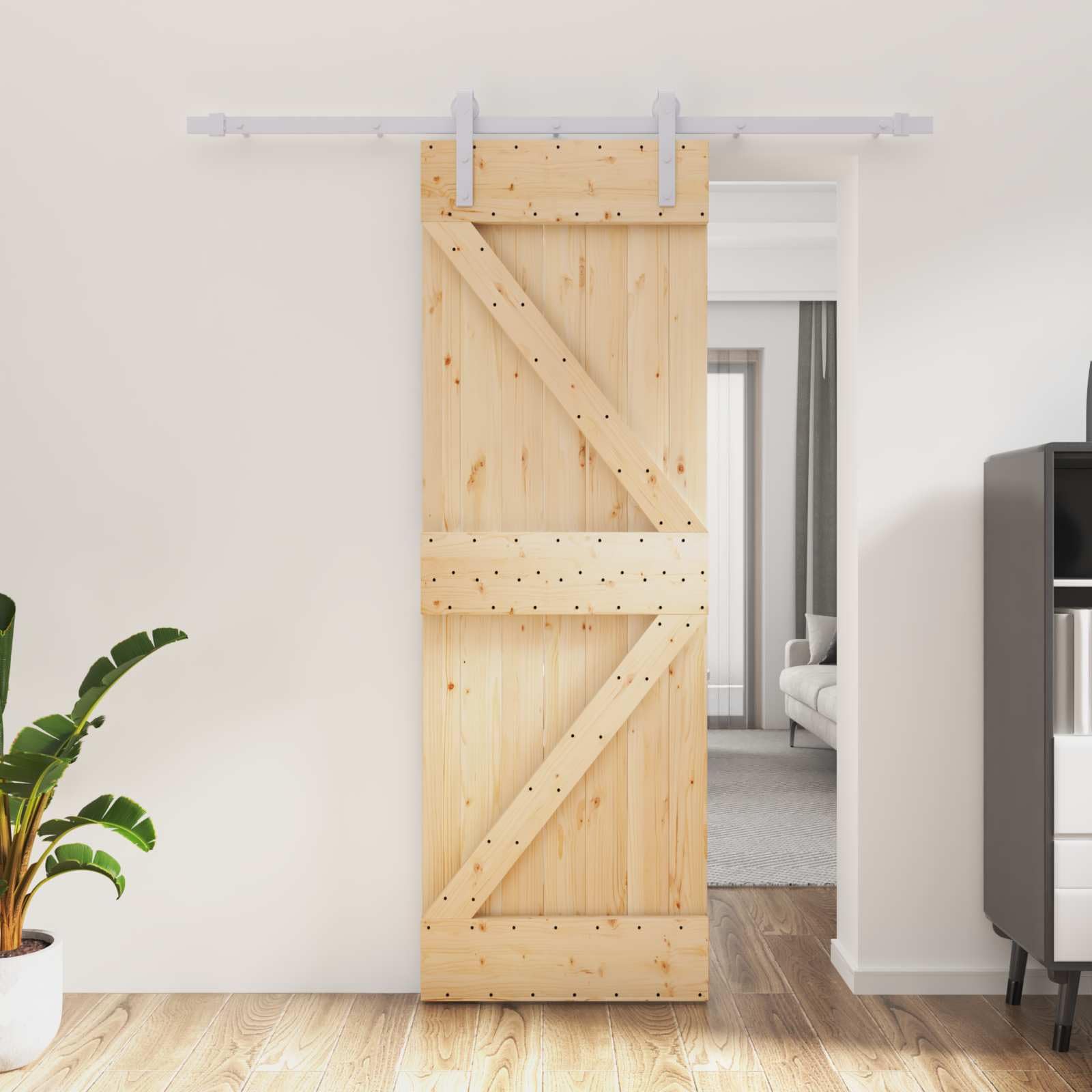 Drzwi przesuwne z drewna sosnowego 70 x 210 cm ze stalową szyną