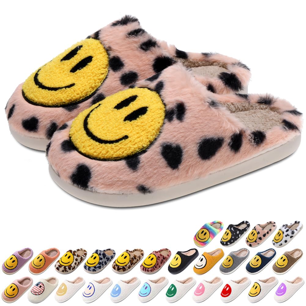 AIMINUO Women's Men's Retro Preppy Happy Face Slippers Comfy Warm Plush Slip-On House Slipper for Winter Indoor Soft Cushion Non-slip Fluffy Slides