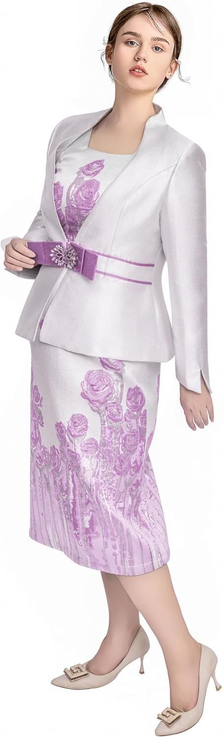 Geenlinm FASHlON Women's Dress Church Suits 2 Piece Jacquard Embroidery Jacket Church Set Plus Size Formal Attire