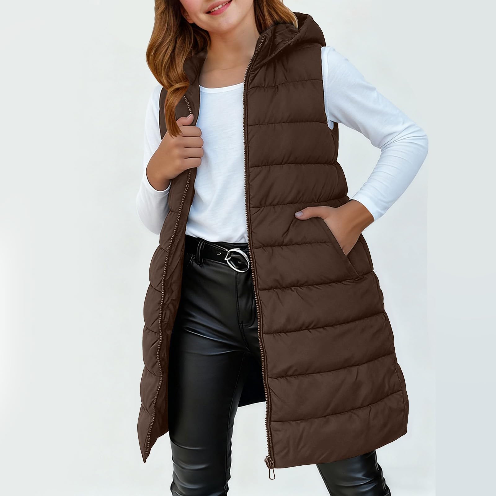 Doudoune longue matelassée légère à capuche sans manches pour enfants coupe-vent chaud d'hiver imperméable