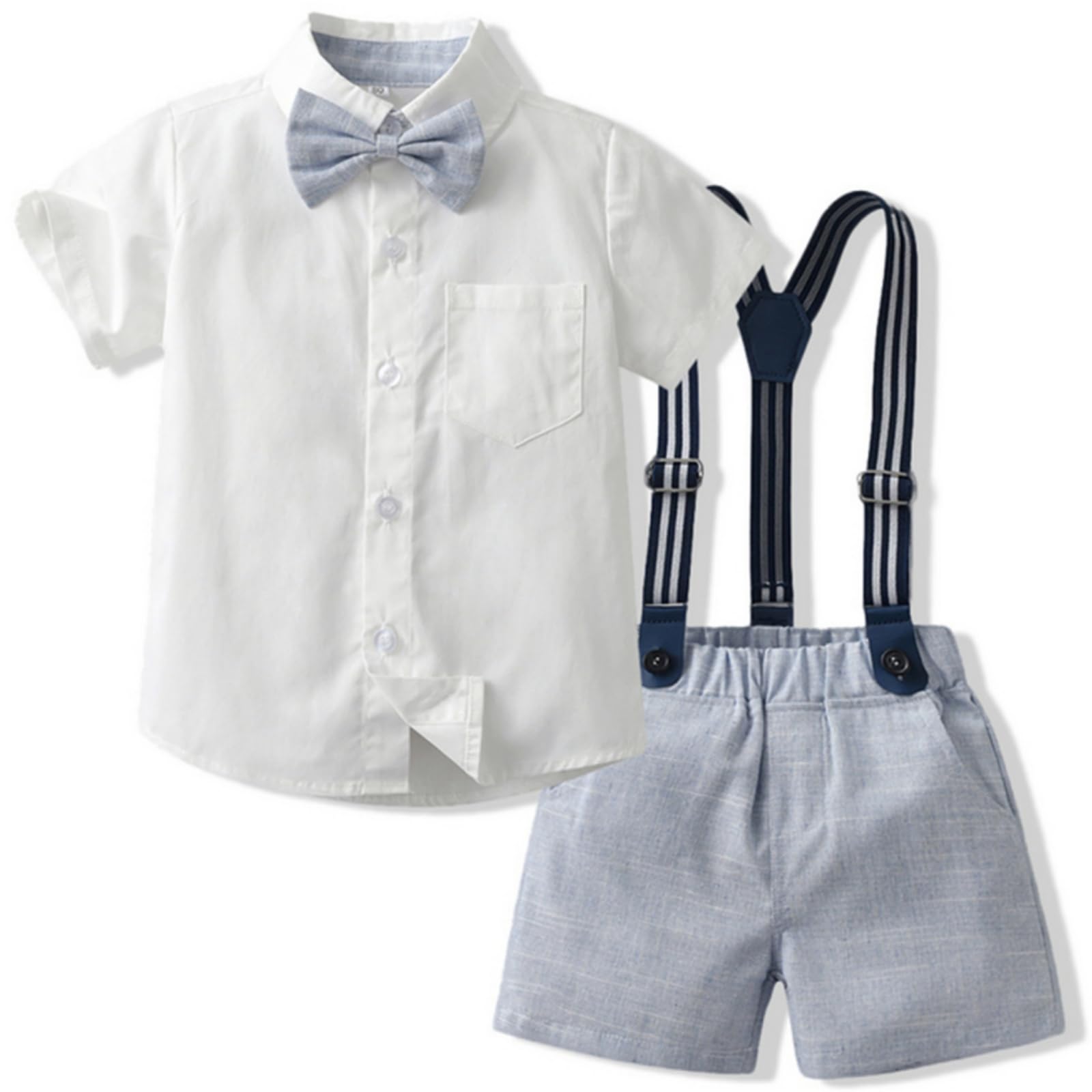 Yaopelky Toddler Boy Summer Gentleman Outfits Short Sleeve Shirt with Bowtie Suspender Shorts Suit 1-8 Years (Blue, 1-2 Years)