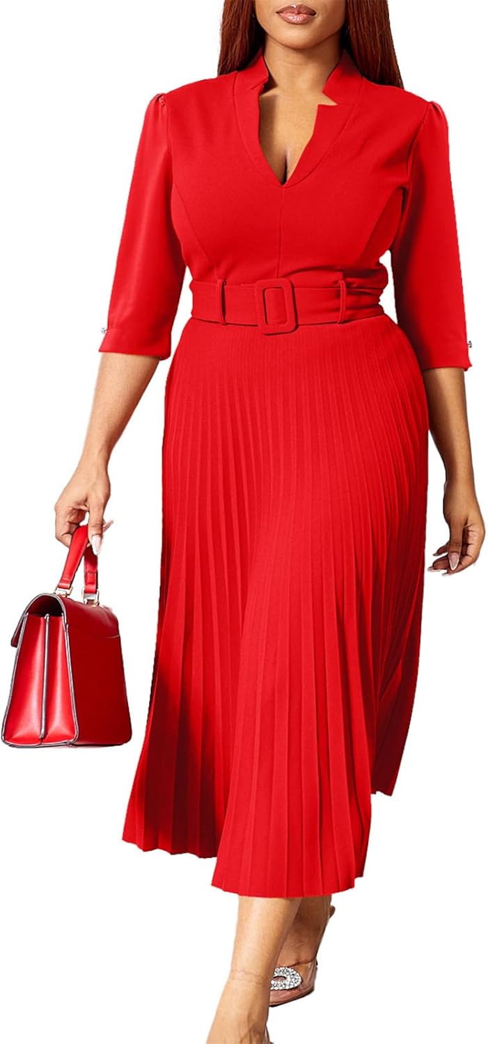 Ekaliy Women's V Neck Business Casual Shirt Dress for Women 3/4 Sleeves Pleated Midi Dresses with Belt - Image 5