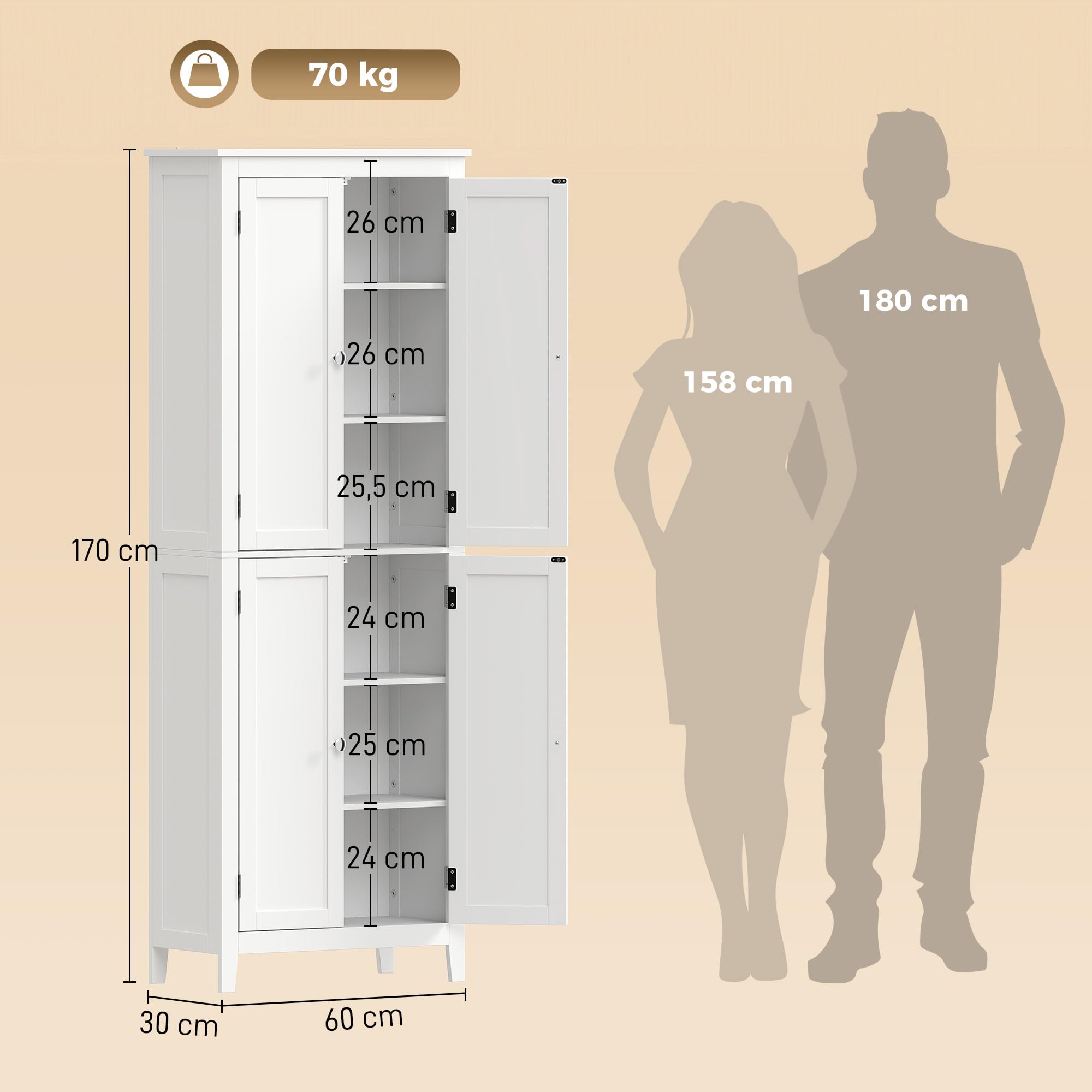 HOMCOM Badezimmerschrank mit Türen für Wohnzimmer 60 x 30 x 170 cm Weiß
