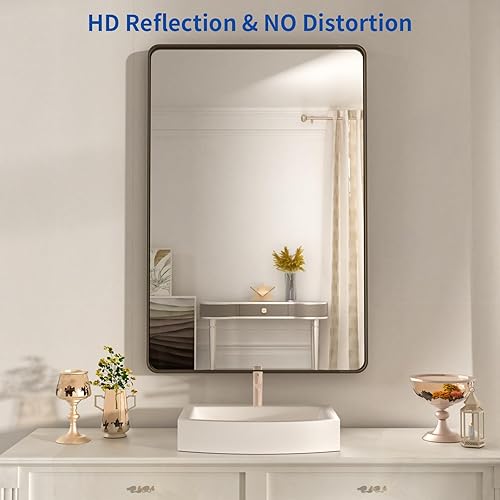 Miniatura 2 de WEER Espejo de baño de bronce de 22 x 30 pulgadas para tocador, espejo de marco de metal de bronce cepillado para pared, espejo rectangular