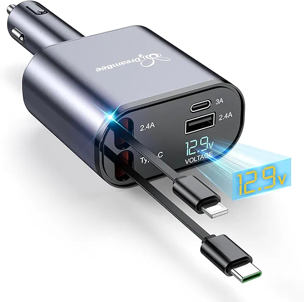 DreamBee Retractable Car Charger,66W 4 in 1 Super Fast Charge Car Phone Charger,Gifts for Men Women Car Truck Accessories for iPhone 17/16/15/14/13 Pro Max XR,iPad,Samsung,Pixel