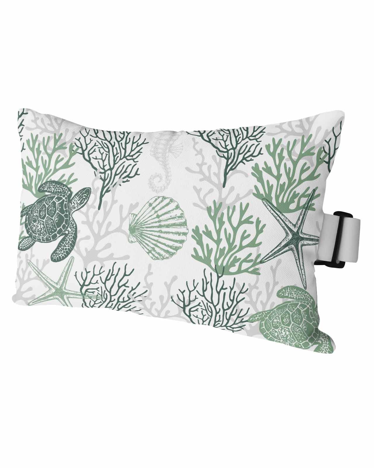 Coastal Sage Green Coral Outdoor Beach Pool Lounge Chair Head Throw Pillow Covers 12x20 With Insert And Elastic Stripe Set of 1,Lumbar Cushion Pillow Cases,Turtle Shell Jellyfish Seahorse White Grey