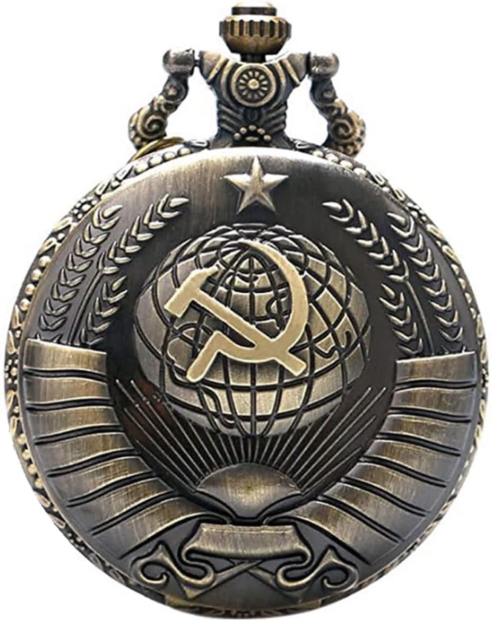Antique USSR Soviet Sickle Hammer Quartz Pocket Watch Necklace Chain Mens Pendant Bronze