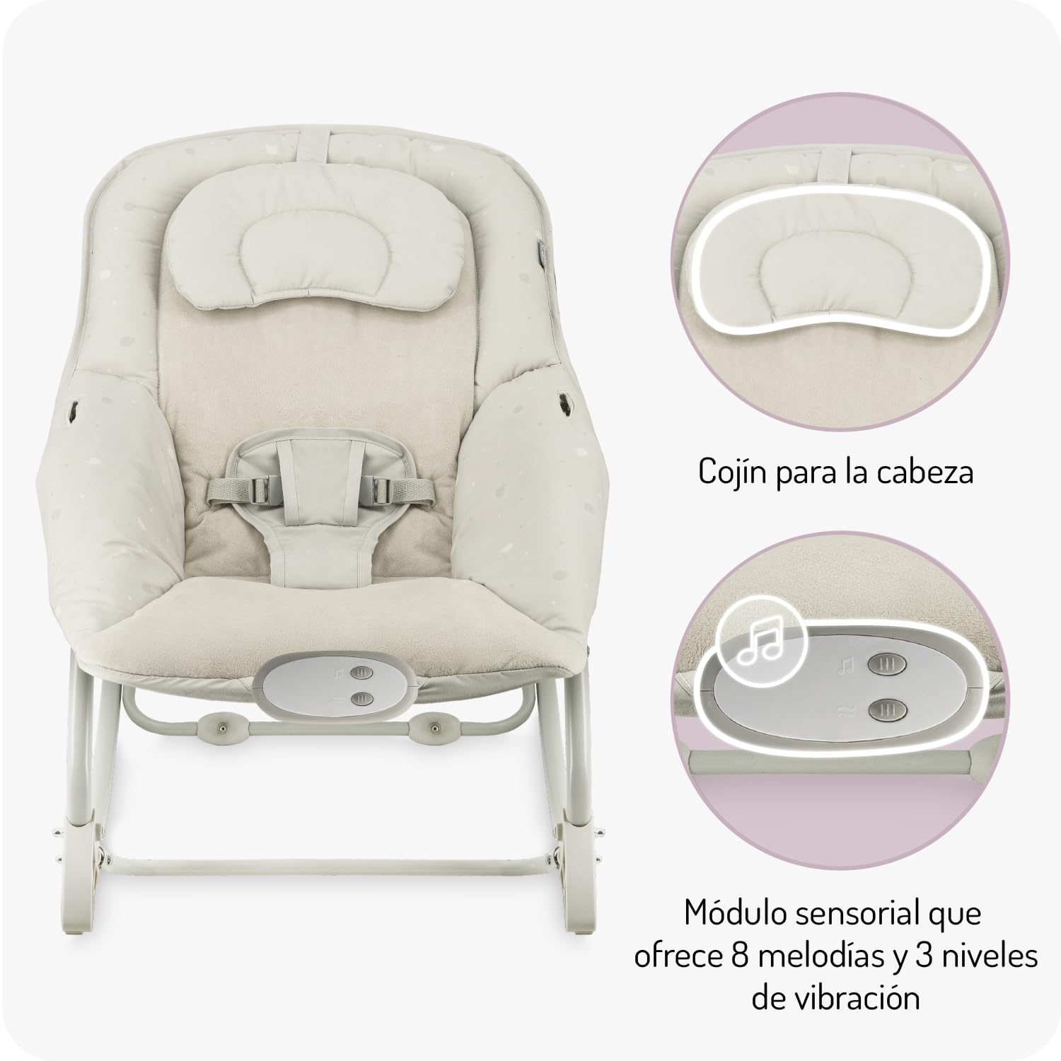 Mecedora MoMi LAPIS para niños hasta 12 kg, a pilas, arnés 3 puntos, barra con 2 juguetes, respaldo 3 posiciones, 8 melodías, control volumen, 3 modos de vibración