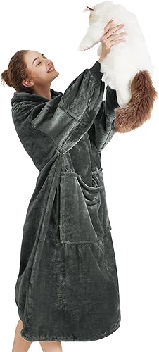 Aemilas Manta con capucha Cálida sudadera de manta Sherpa como regalo para mujeres adultas, mamá, hombres, talla única, E- Gris OscuroLargo