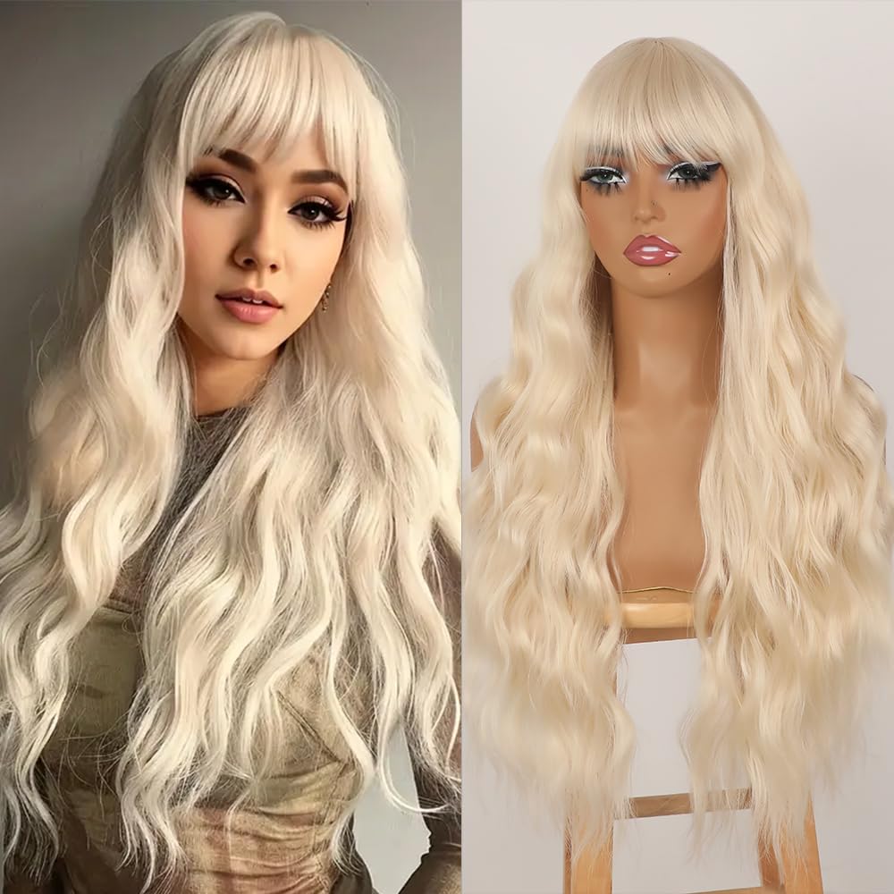 QD-Tizer Blonde Wig With Bangs Platinum 613 Blonde wigs For Women Long Wavy Curly Blonde Wig for Women Pre Plucked Natural Hair Heat Resistant Fiber