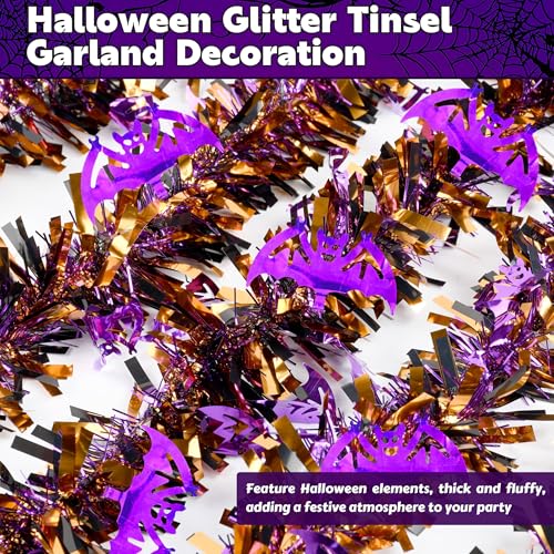 Image of 50 FT Halloween Tinsel Garland, Glitter Tinsel Garlands with Black Orange Purple Bat, Metallic Holiday Hanging Streamers for Halloween Party Supplies Indoor Outdoor Decoration