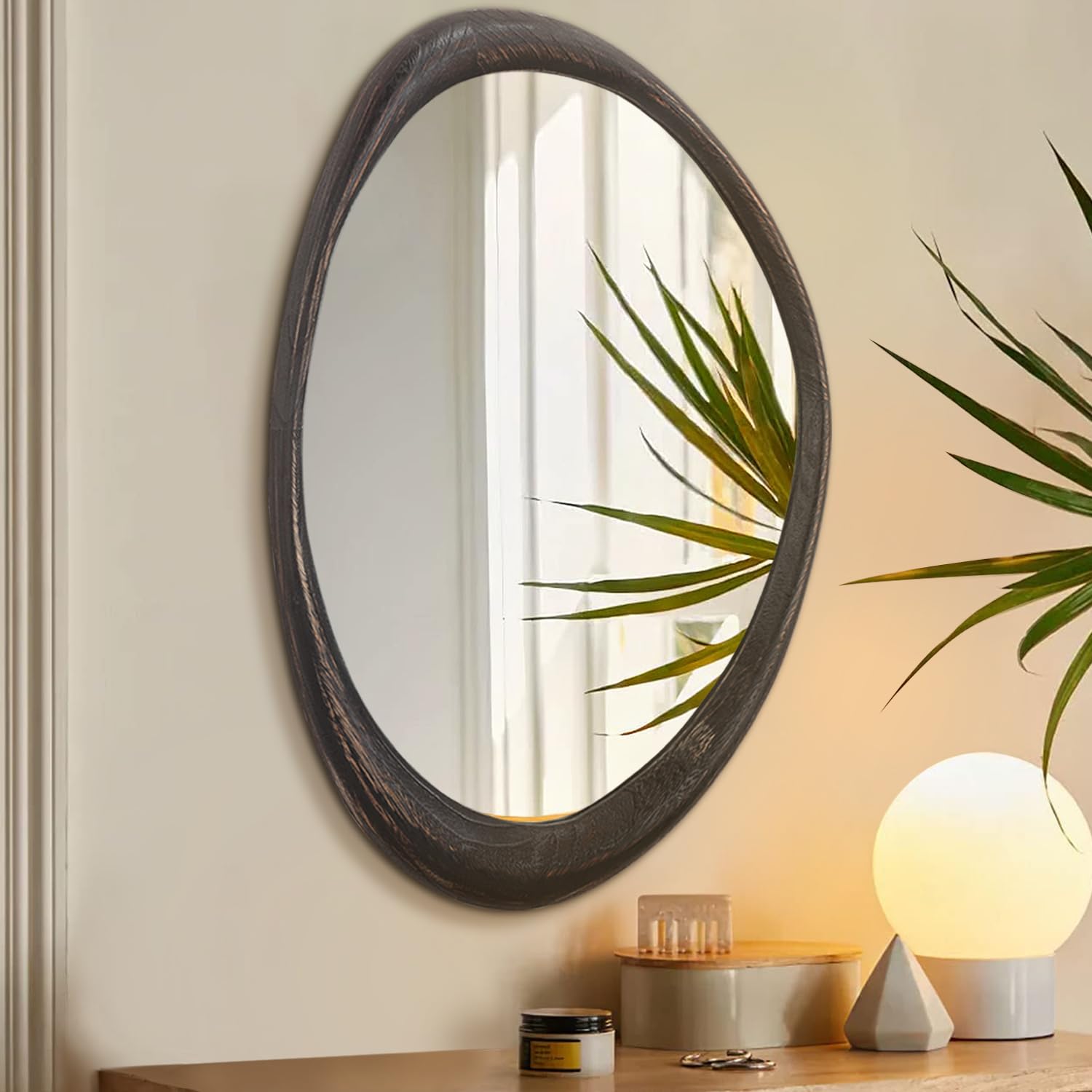 AAZZKANG Large Irregular Wall Mirror with Wood Framed 60L x 40W cm Vintage Asymmetrical Hanging Mirrors for Bathroom Bedroom Living Room Entryway