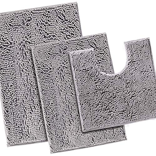 H.VERSAILTEX H.VERSAILTEX Luxury Chenille Grey Bathroom Rug Mat 17” x 24” Bundle 2 Pieces Bathroom Rug Mat 32" x 20" & 20" x 20" Grey