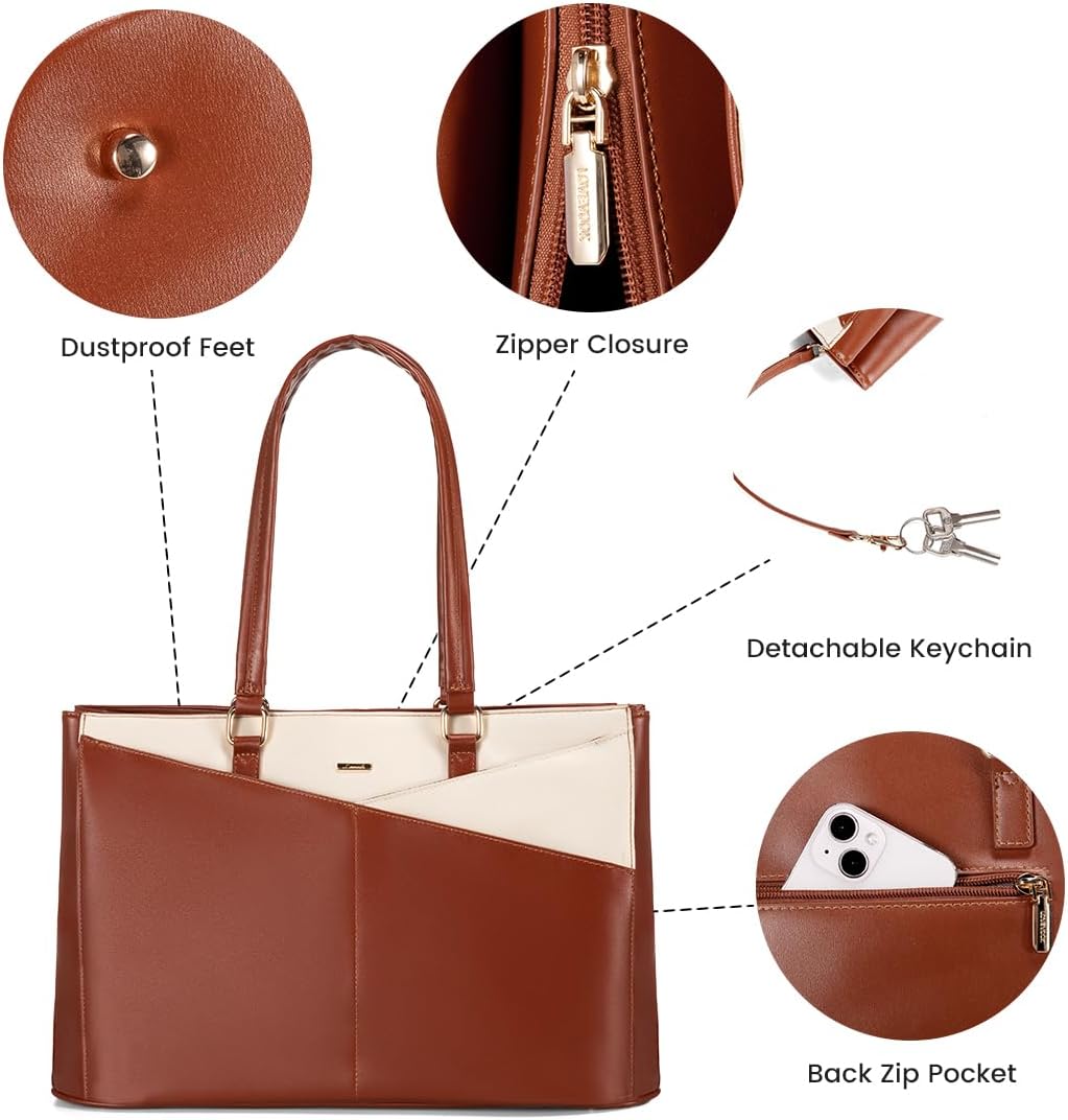 LOVEVOOK Laptop Bag for Women 15.6 Inch Tote Bags Waterproof Leather Briefcase Computer Women Business Office Work Bag,Brown-White - Image 6