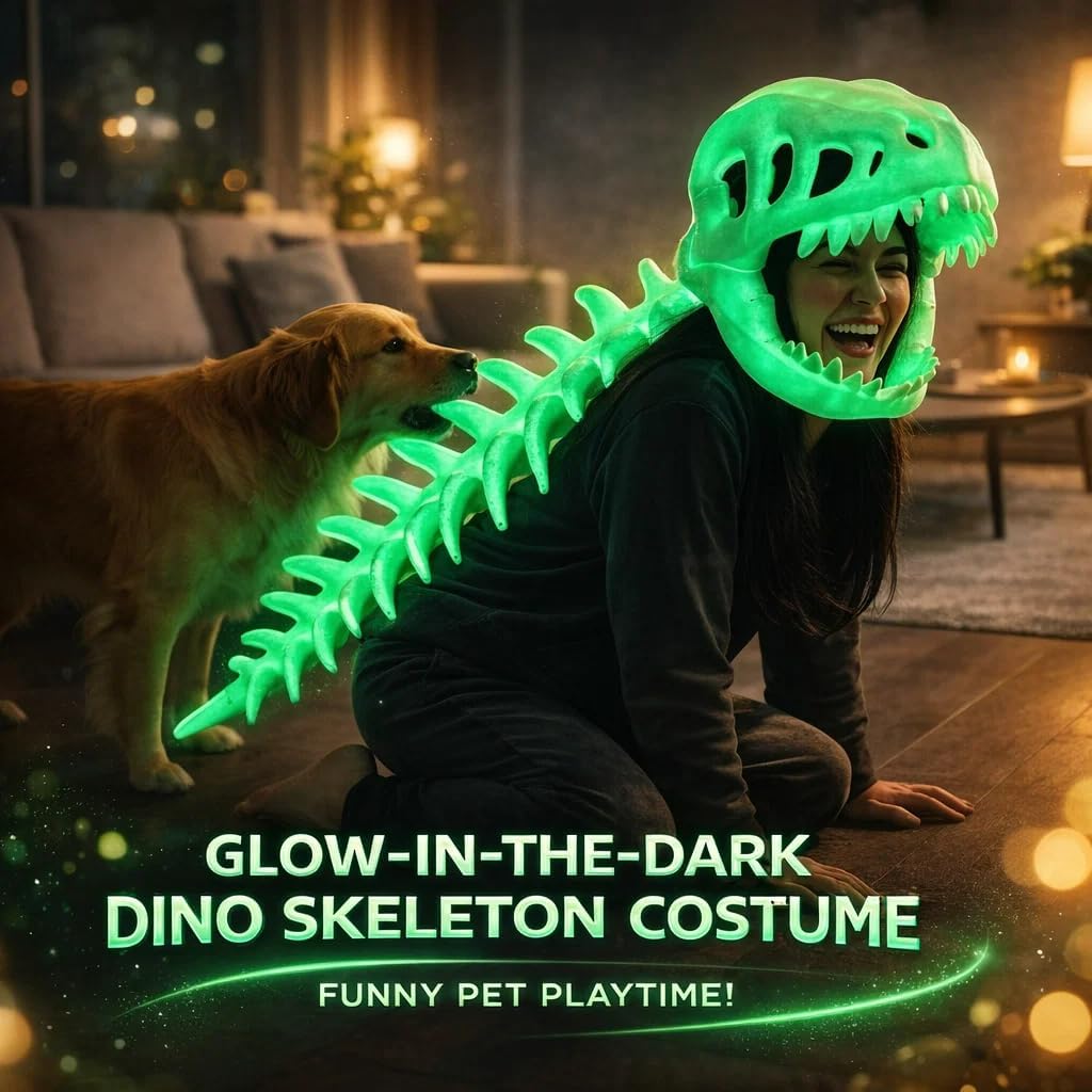 Dinosaur Fossil Costume Regular/Glow in Dark, 30/45in Realistic Skeleton Costume Set with Dino Head Mask & Plush Spine Bone