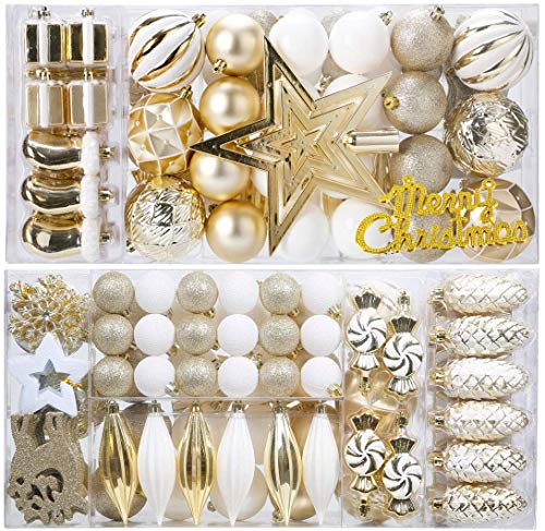 KOGLEE Bolas de Navidad para decoración de árboles de Navidad 87 Piezas, Bolas de Navidad, Árbol Top Star, Decoraciones y Decoraciones para árboles de Navidad (Oro + Blanco)